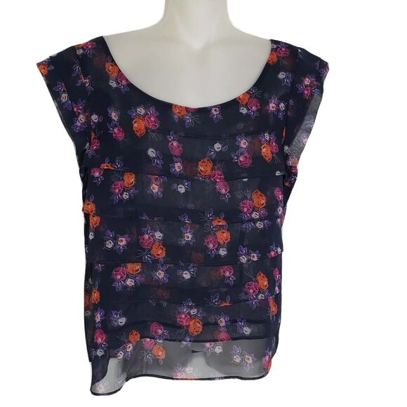 American Eagle Outfitters Womens Top Medium Sheer Blue Floral Print Tiered Poly - Picture 1 of 5